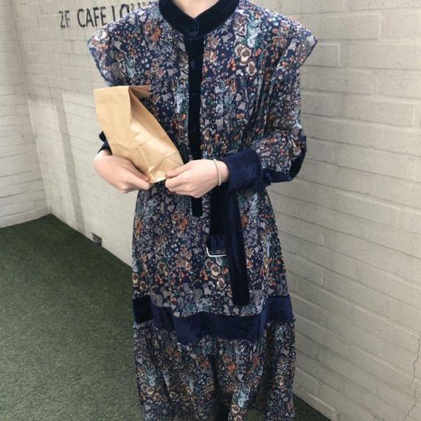 ワンピース レディース 40代ワンピース 春秋新作 長袖ワンピース きれいめ 花柄ワンピース シフォン フレアスカート オシャレ 通勤 結婚式 お出かけ 大人