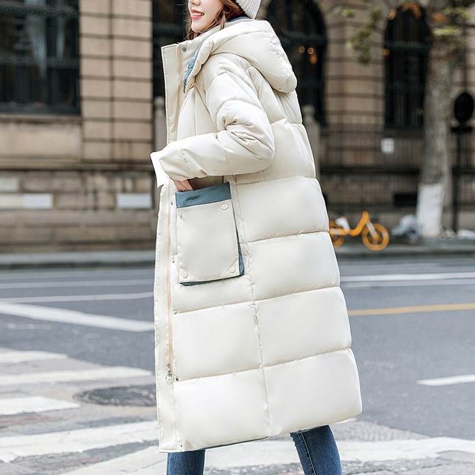 3色 ロングダウン もこもこアウター 中綿コート フード付き バイカラー スタンドカラー 大人可愛い カジュアル ホワイト 白 ブルー ベージュ 上着 ロングダウン ポケット ボタン ジッパー ジップ