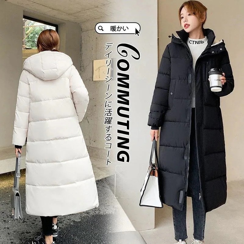 大人の魅力ダウンコートレディース中綿コート中綿入りロング丈フード付きジップアップ冬服着痩せ暖かい防風防寒ジャケット保温キルティングダウン