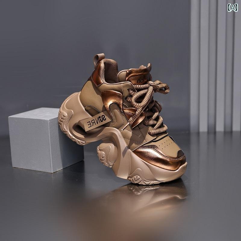 ダッドスニーカー レディース シューズ ボリュームソール 厚 秋冬 暖かい 革 カジュアル スポーツ ブラウン ブラック ゴールド