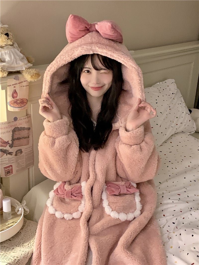 もこもこ ルームウエア パジャマ 可愛い リボン付き フード付き フェミニン ガーリー レディース 韓国ファッション ポケット付き