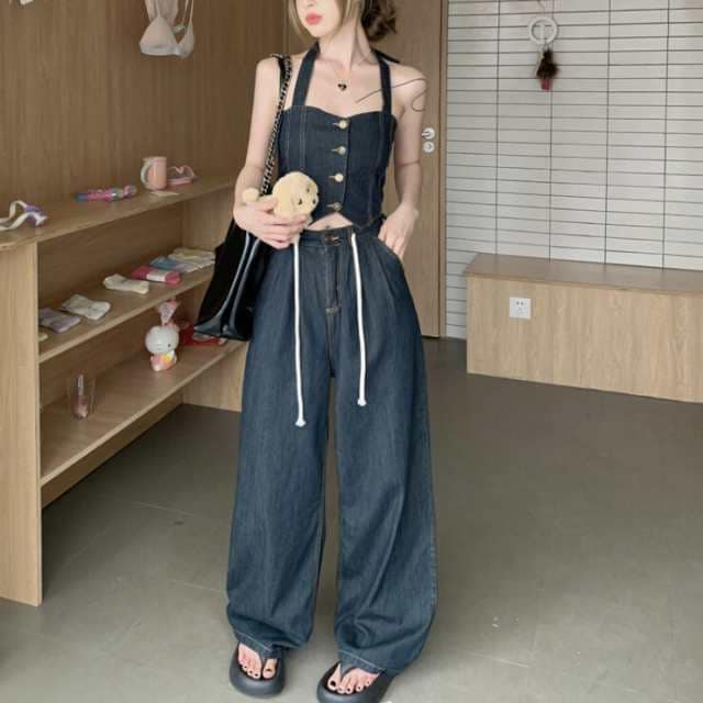 セットアップ レディース プルオーバー デニム Gパン ズボン デニムパンツ ワイドパンツ ストレートパンツ クロップド クロップド丈