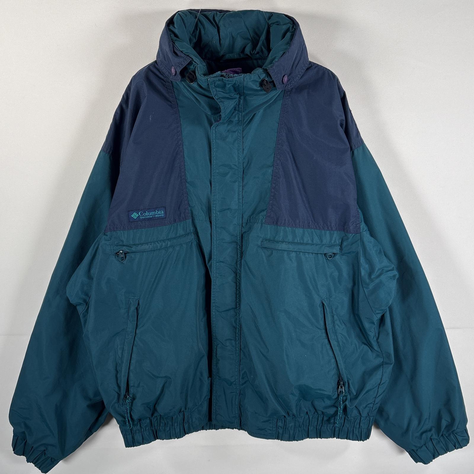古着 90s/90年代 ナイロンジャケット ワンポイントロゴ フルジップ フード付 ネイビー グリーン系 ツートン メンズ