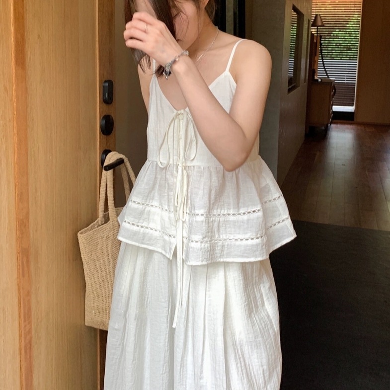 韓国デザイン夏物新作おしゃれ透かし彫りキャミ ベスト+ハイウエストワイドパンツットアップセ 4,851円