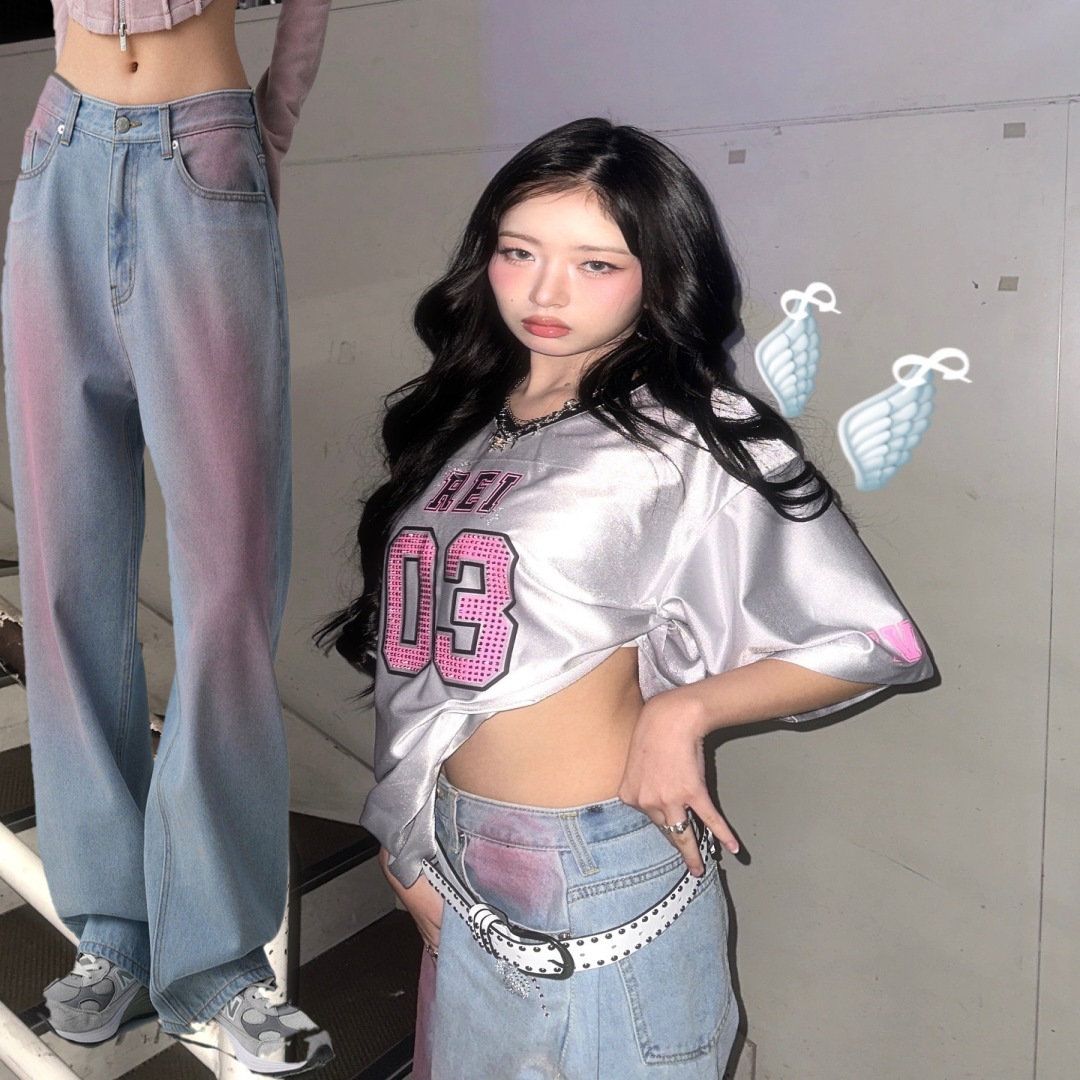 IVE レイ 着用/POP Pink Brush Denim Pants/ユニセックス