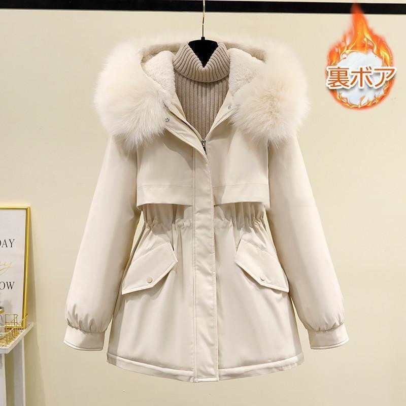 モッズコート レディース 裏起毛 裏ボア ジャケット フード付き ウエスト調節可能 ファー付き パーカー ダウンコート ジャケット ロング丈 防寒服
