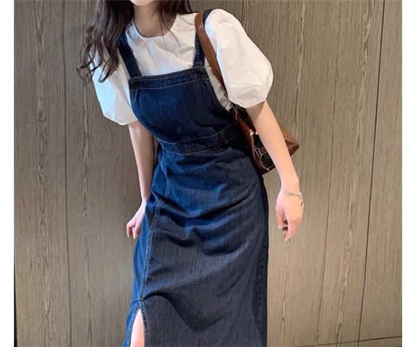 二点セット ツーピース レディース トップス ワンピース プルオーバー デニム デニムワンピース ジャンパースカート Tシャツ ミモレ ロング 半袖 ラウンドネック スリット 異国風 かわいい