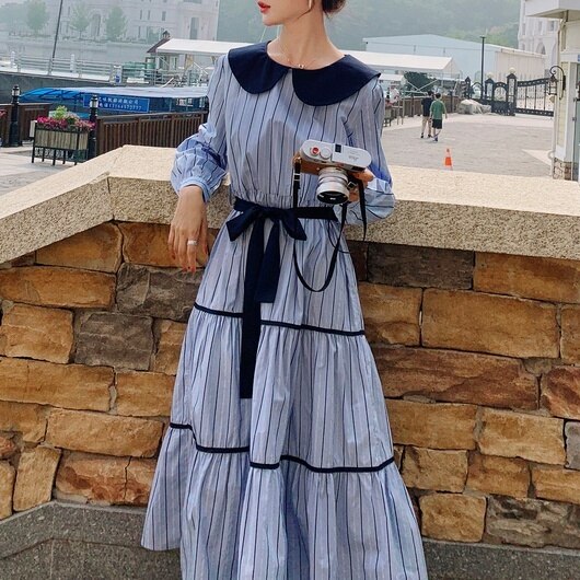 レディース ワンピース ロングワンピース ロング ロング丈 ミモレ丈 ミモレ 長そで 長袖 ストライ