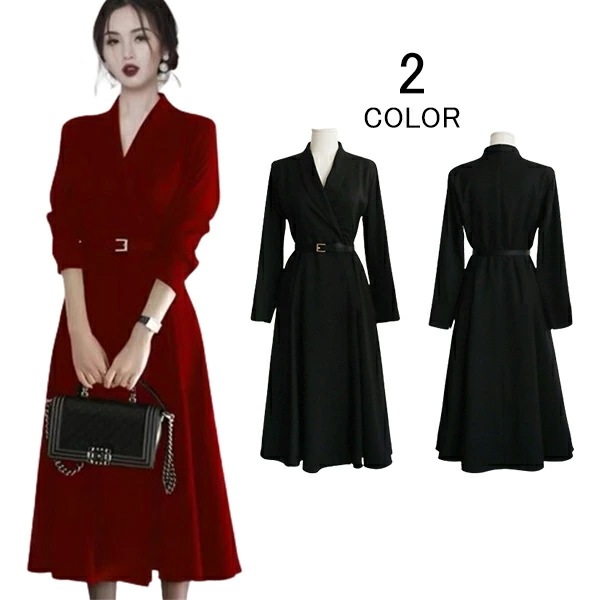 New type追加！入学式 ママスーツ レディース セレモニースーツ フォーマルスーツ ワンピース Vネック 長袖 ロング丈 膝下丈 エレガント おしゃれ ブラック七五三 お宮参り 入学式 入園式