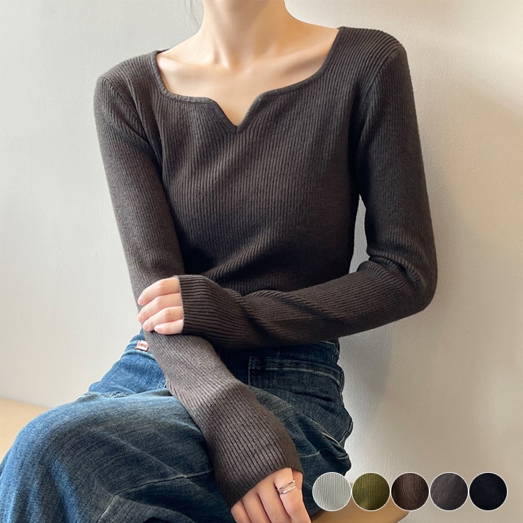 ニット レディース トップス Tシャツ ストレッチ スリットネック キーネック トップス カットソー エレガント