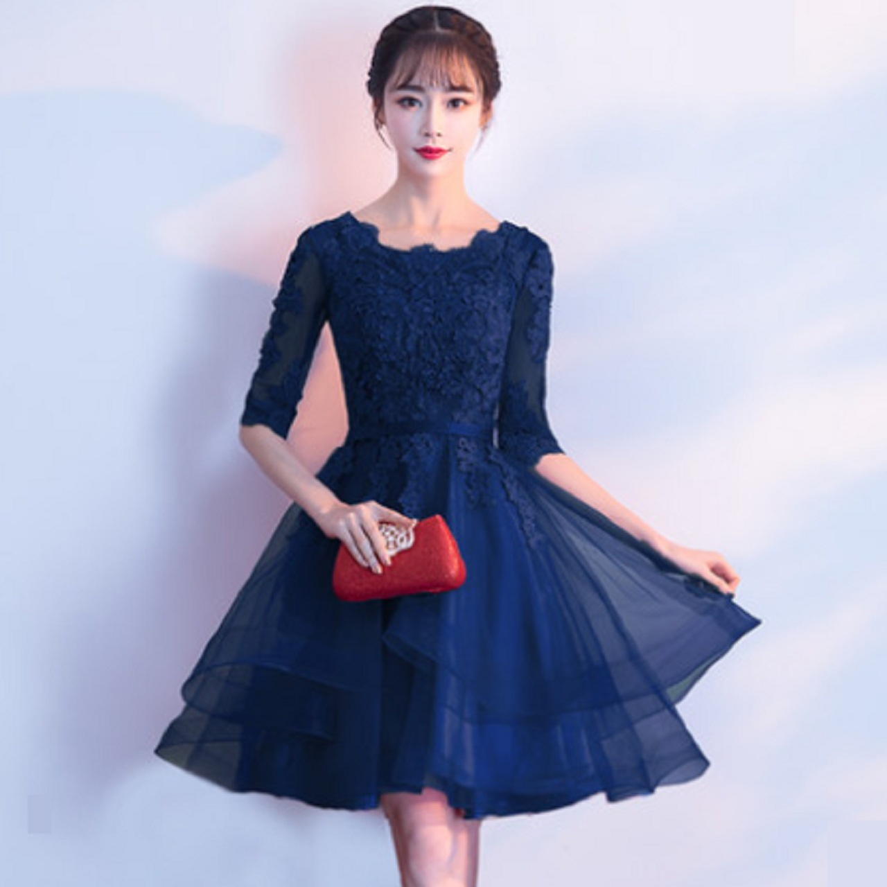 新作 フォーマル レディースドレス ネイビーブルー イブニングドレス バックロングドレス