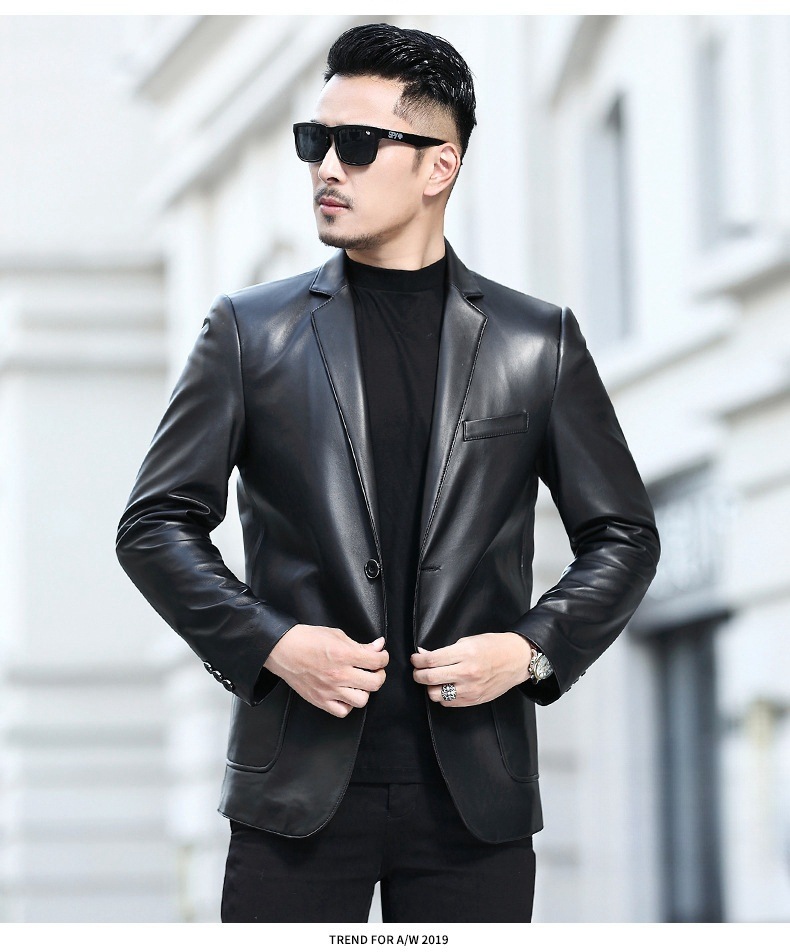 シープスキンレザージャケットメンズショートレザースーツジャケットスリムビジネスカジュアルスーツジャケット