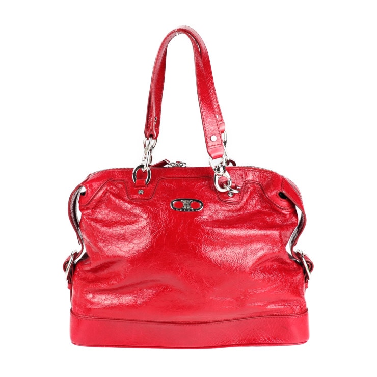美品 CELINE セリーヌ ハンドバッグ 131703 ショルダーバッグ トリオンフ シワ加工 パテントレザー レッド シルバー金具 トートバッグ エナメル 本物保証 中古ハンドバッグ