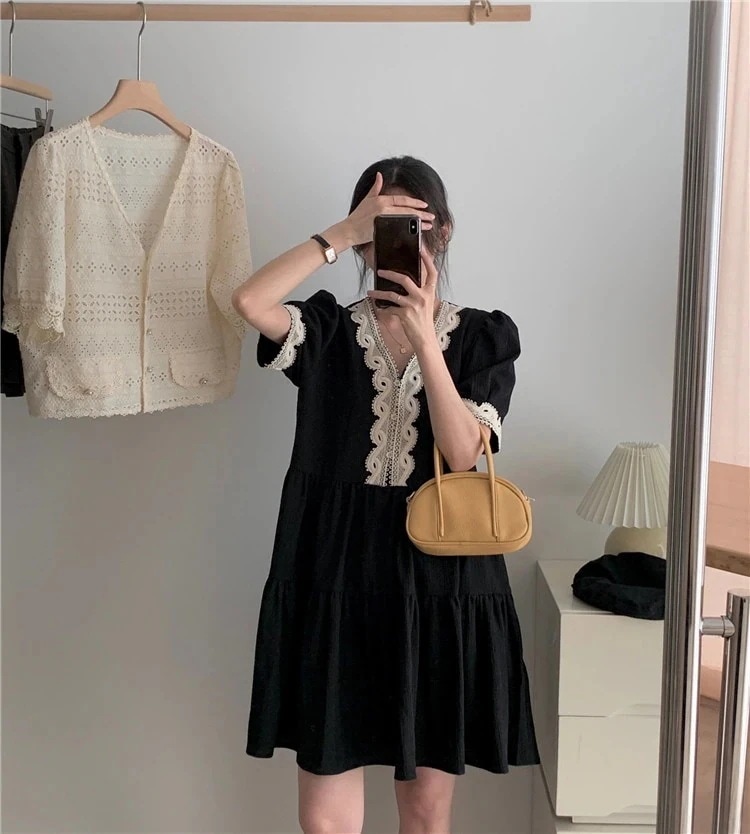 大満足のレビュー多数韓国 ブラック レトロ 気質 レース ししゅう コットン 半袖 ワンピース ミニスカート ゆったりする カジュアル エレガント