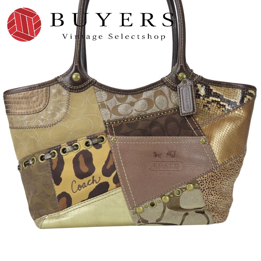 中古 トートバッグ 12899 パッチワークシグネチャー レザー キャンバス ハラコ ×スエード カーキ ダークブラウン メタリックブラウン マルチ 肩掛け レオパード 型押し加工 レディース 女性