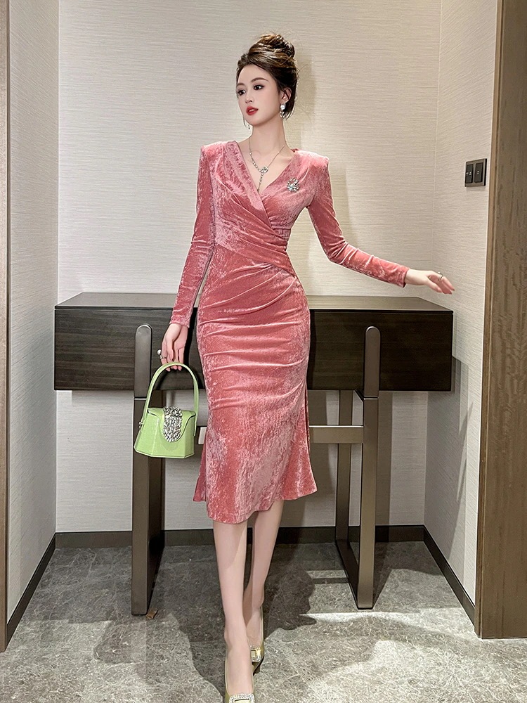 2025春新品 ピンク ワンピース 誕生日 新年 vネック ベルベット ドレス パーティー キャバ 大人 同窓会 披露宴 卒業式 結婚式 演奏会 ウェディング 二次会 メガ割