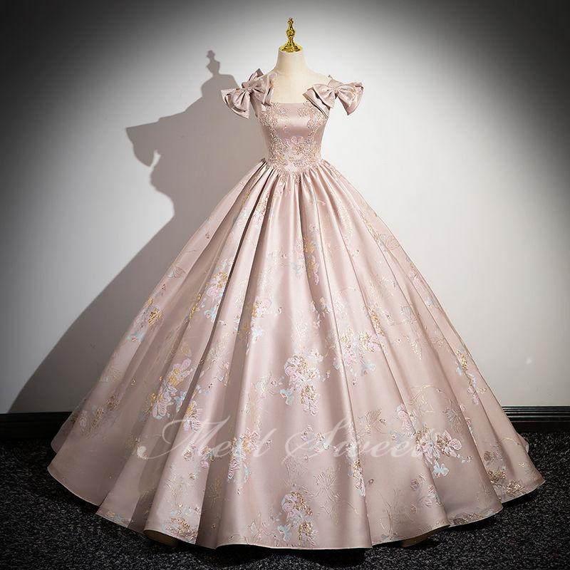カラードレス Aラインドレス ピンク 花柄 リボン 袖なし サテン ロングドレス ウェディングドレス 結婚式 二次会 花嫁 前撮り 演奏会 発表会 ステージ衣装