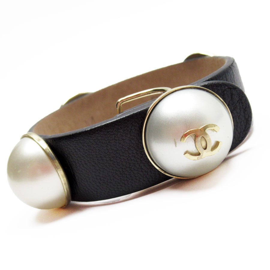 シャネル CHANEL ブレスレット ココマーク レザー/フェイクパール ブラック/オフホワイト ゴールド レディース w0499f