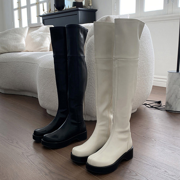 ロングブーツ ニーハイブーツ サイドジップ ウェッジソール 厚底 レディース 黒 アイボリー