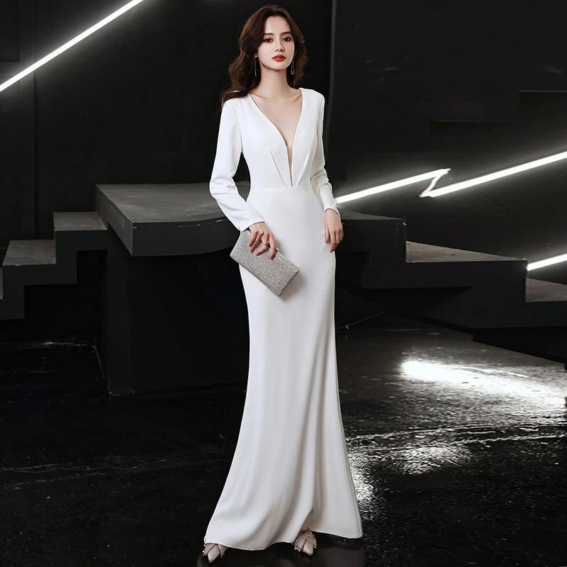 白いイブニングドレス女性 V ネックテールロングホスト宴会ドレス安い 7,091円