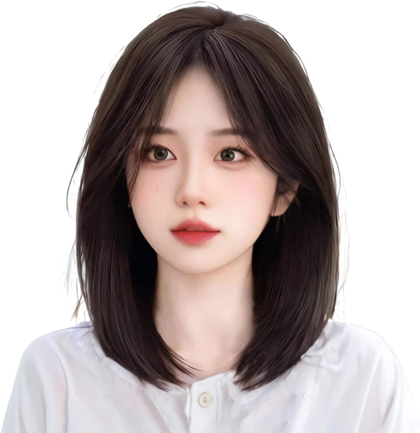 ミディアムストレートセミロングウィッグ センター分け 耐熱 小顔効果 黒茶ブラウン ネット付き
