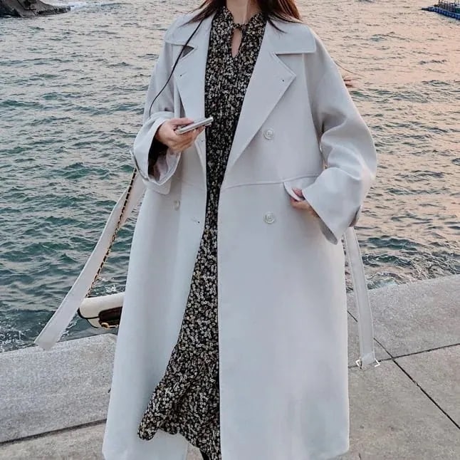 ステンカラーコート アウター ロング トレンチ風 ドロップショルダー モノトーン ウエストマーク