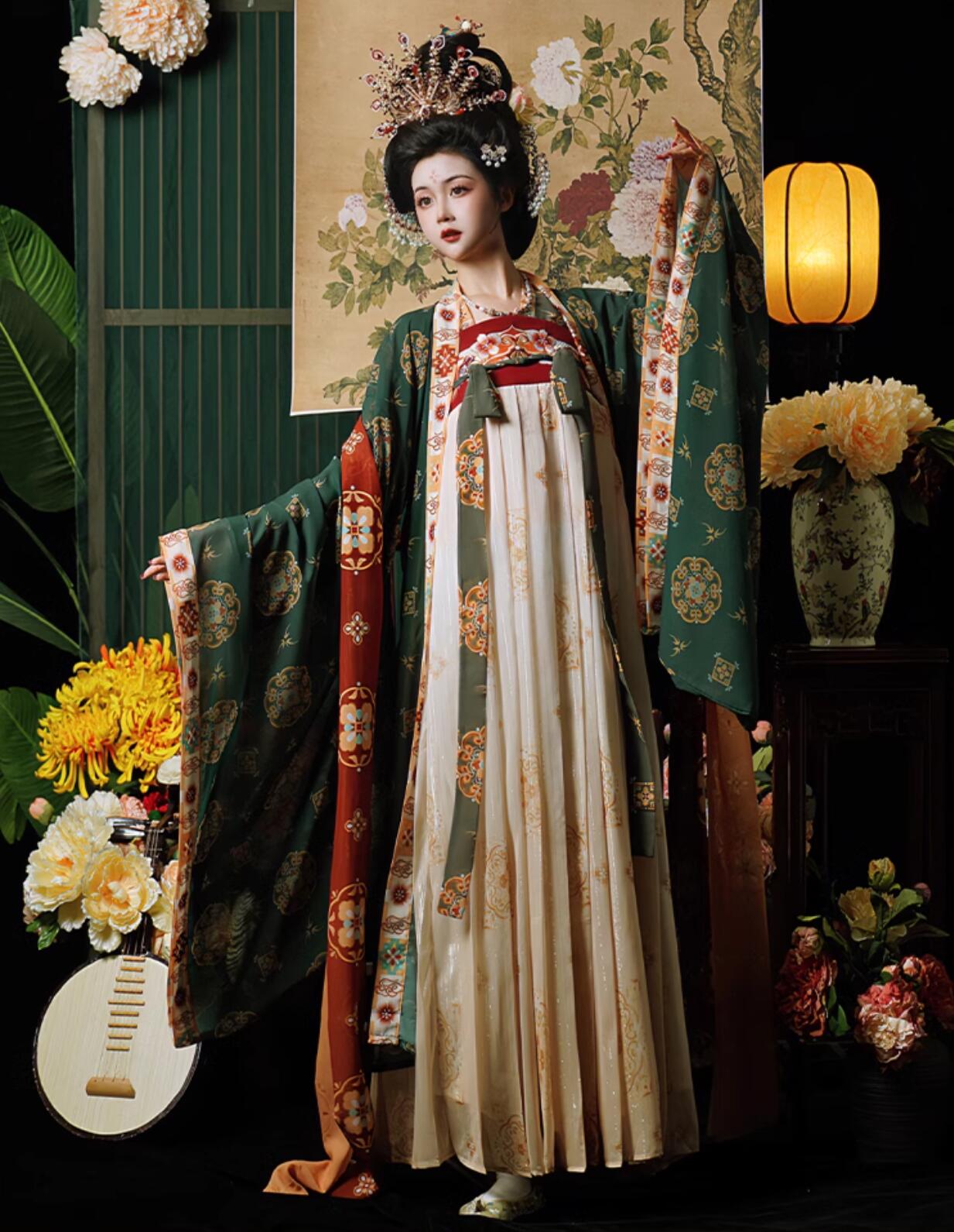 漢唐古典チャイナ服 レディース 唐時代 豪華 宮廷 漢服 振袖羽織付き 豪華 中華衣裳 中国古代服装 華流 中華ドラマ 皇后 貴妃 コスチューム 花刺繍 エスニック プリント 光沢感有り 引き裾 唐朝
