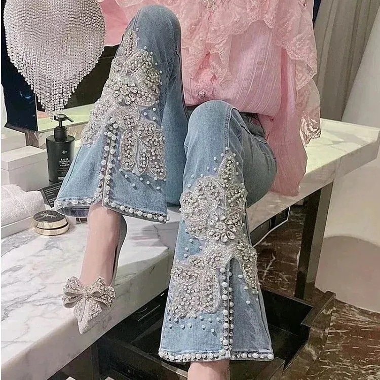 母の日 女性のためのデザインニッチ重工業ビーズスリットジーンズ 24 のハイウエスト痩身パンツパンツデニムジーンズ