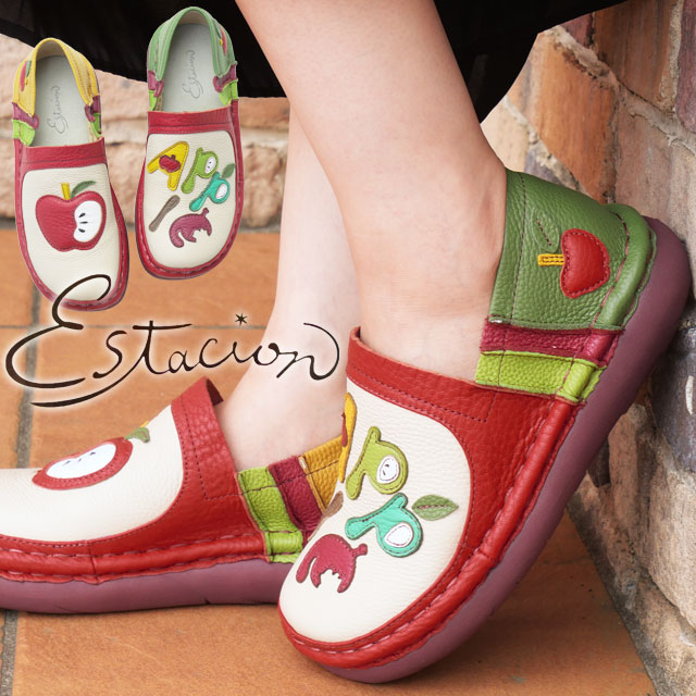 エスタシオン 疲れない スリッポン レディース リンゴモチーフ 痛くない レザーシューズ APPLE ミセス コンフォートシューズ 本革 林檎 歩きやすい 靴 カジュアルシューズ TGE597 レッド