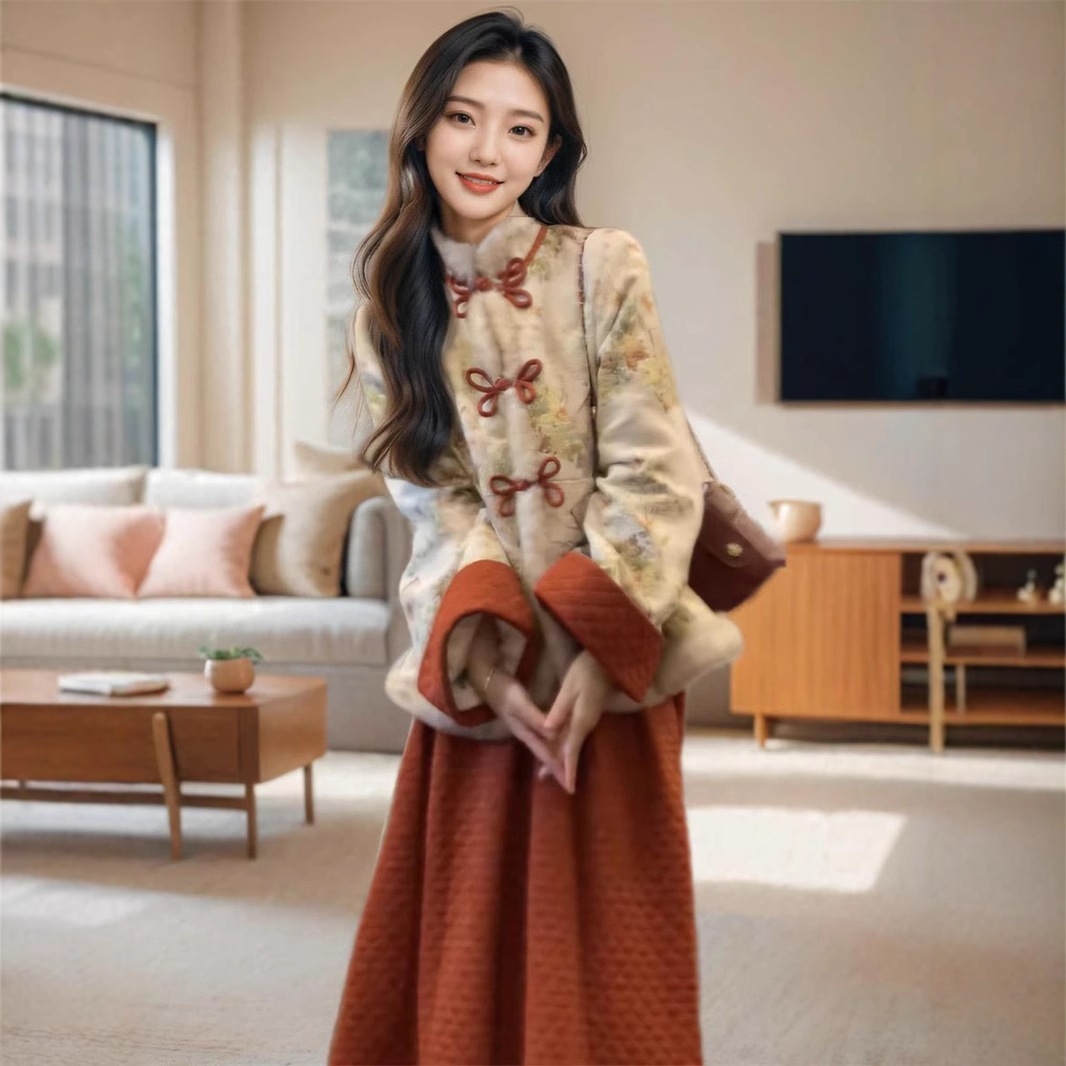 中国の新しいスタイルの若い女の子の赤い改良されたチャイナドレス冬肥厚綿の服小さな...