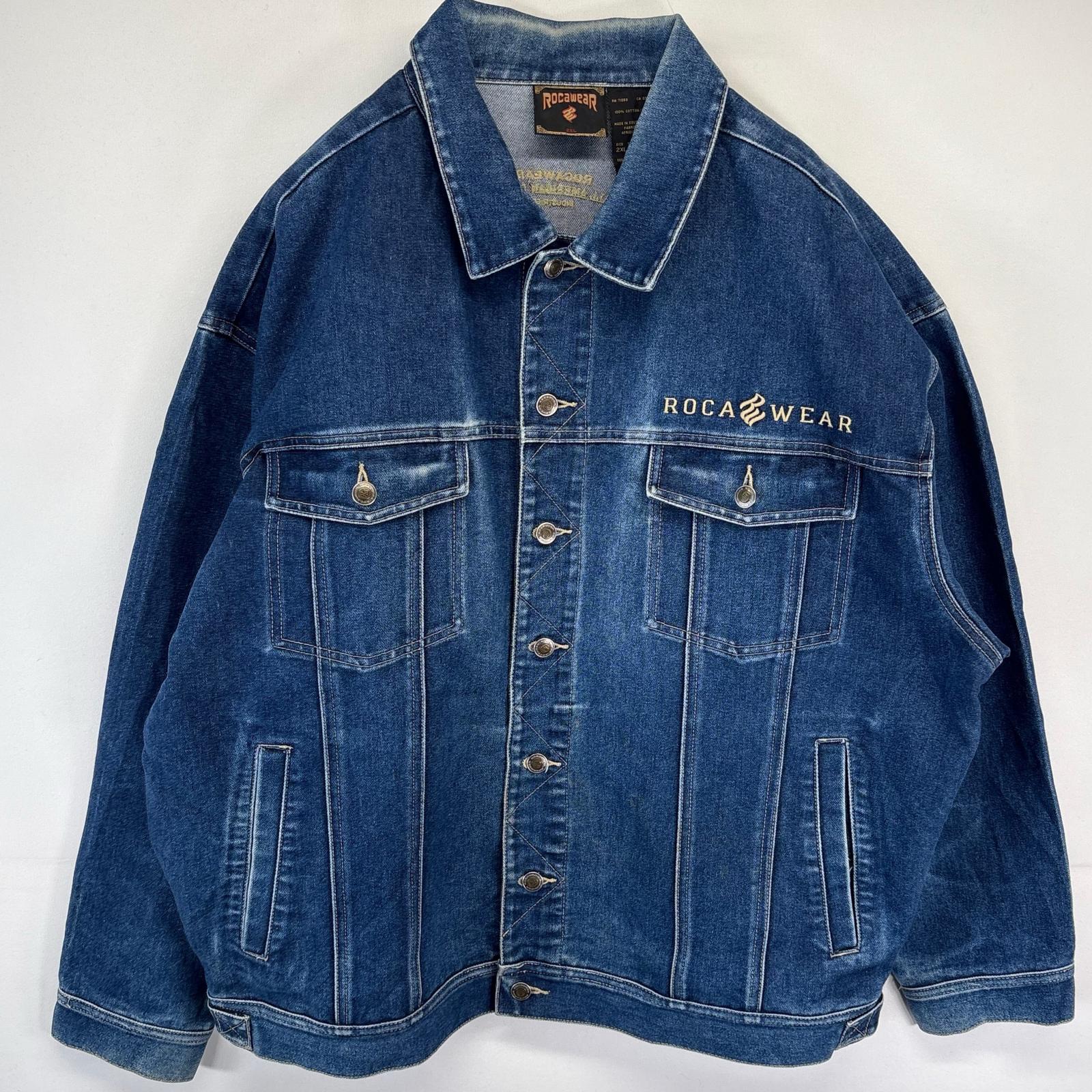 古着 ROCA wear デニムジャケット ロゴ刺繍 レザーパッチ ボックス 大きいサイズ 2XL ブルー系 メンズ