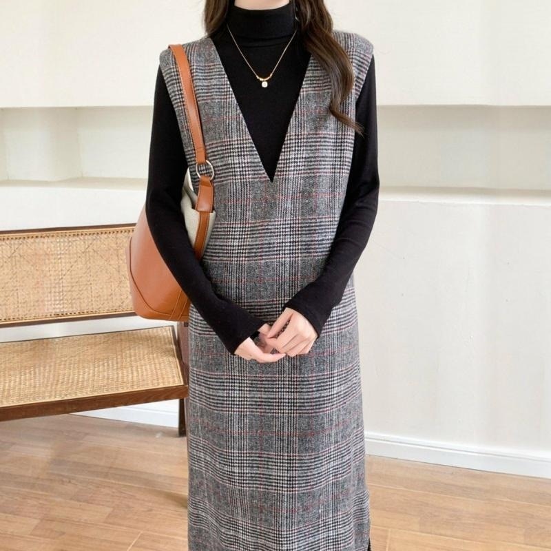 ジャンパースカート Vネック ジャンバースカート ジャンパースカート秋冬 ジャンバースカート秋冬 ノースリーブワンピース 秋冬 ロングワンピース ジャンスカ ロング 韓国 チェック柄 サイドスリット