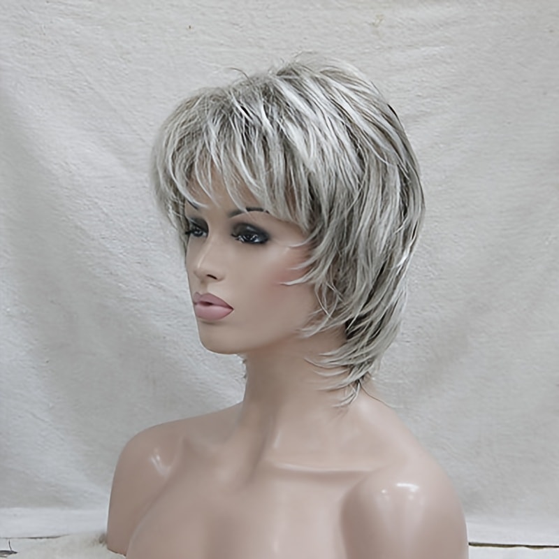 女性用ナチュラルな見た目の合成ウィッグ - 前髪付きピクシーカットレイヤードヘアスタイルバラヤージグレーハイライト高密度ボリュームローズネットキャップでしっかりフィット - 日常＆特別なイベン