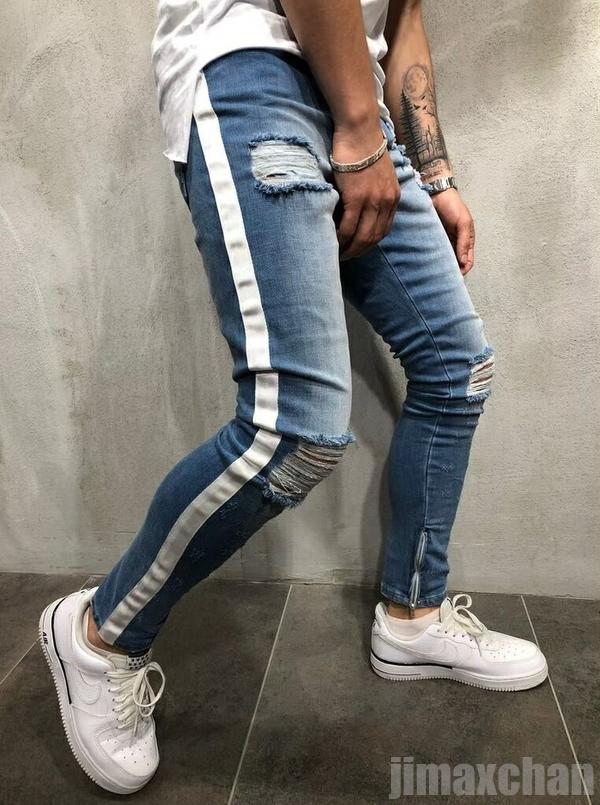 高評価多数ダメージ スキニーデニム メンズ 冬 春 夏 秋 ダメージデニム サイドライン スキニー ダメージジーンズ ファッション