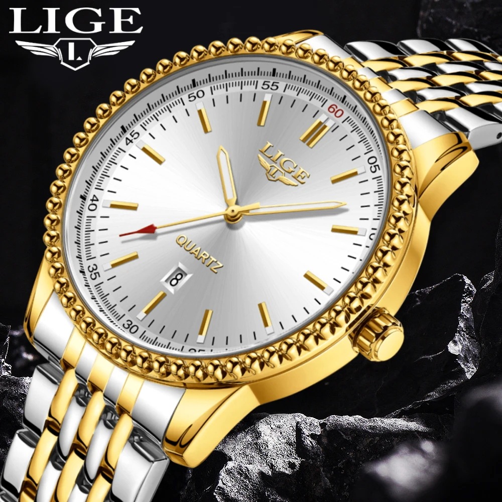 Lige-男性用高級クォーツ腕時計,自動,日付,ステンレス鋼,スポーツ,ダイバー,新品,30m, 2024