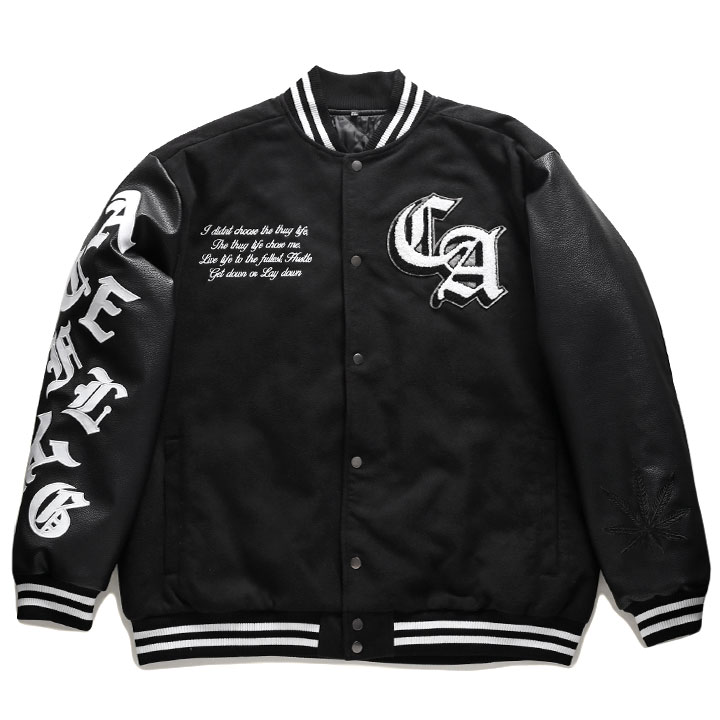 1/9より出荷【予約】ACE FLAG アウター 長袖 スタジャン ブルゾン レザー ストリート メンズ 春秋冬用 黒 大きいサイズ エースフラッグ 防寒着 刺繍 ワッペン 大麻 マリファナ