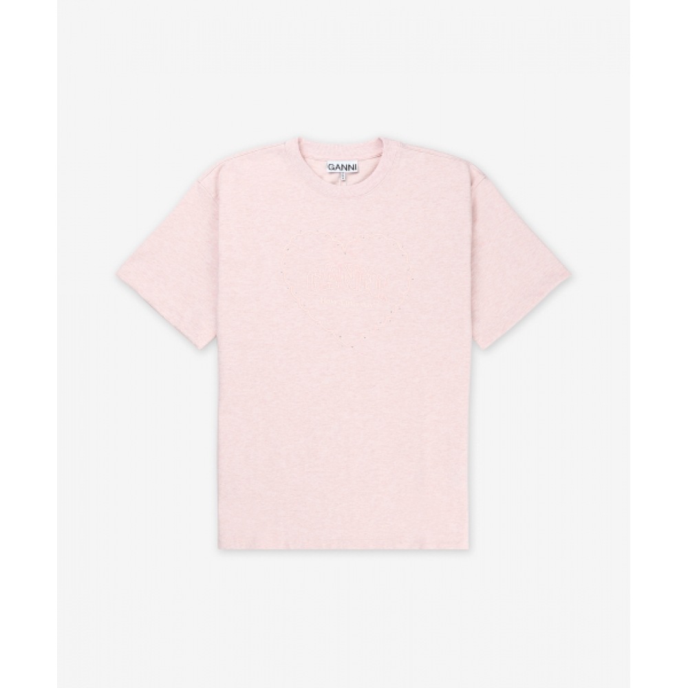 GANNI ヘビーコットンドロップショルダーハートショートスリーブ T シャツ-チョークピンク/T4090868