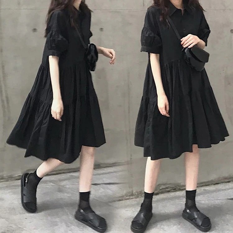 シャツ レディース 40代 キレイめ 膝丈 春夏 半袖 黒フレアスカート シャツワンピ オシャレ 風 ゆったり 大人可愛い30代