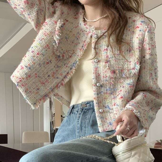 ツイード ジャケット レディース カラフルツイード ジャケット パールボタン 長袖 ショート丈 セレモニー お呼ばれ フォーマル 大人可愛い ママコーデ 韓国 オルチャン 人気 トレンド 新作 母の日