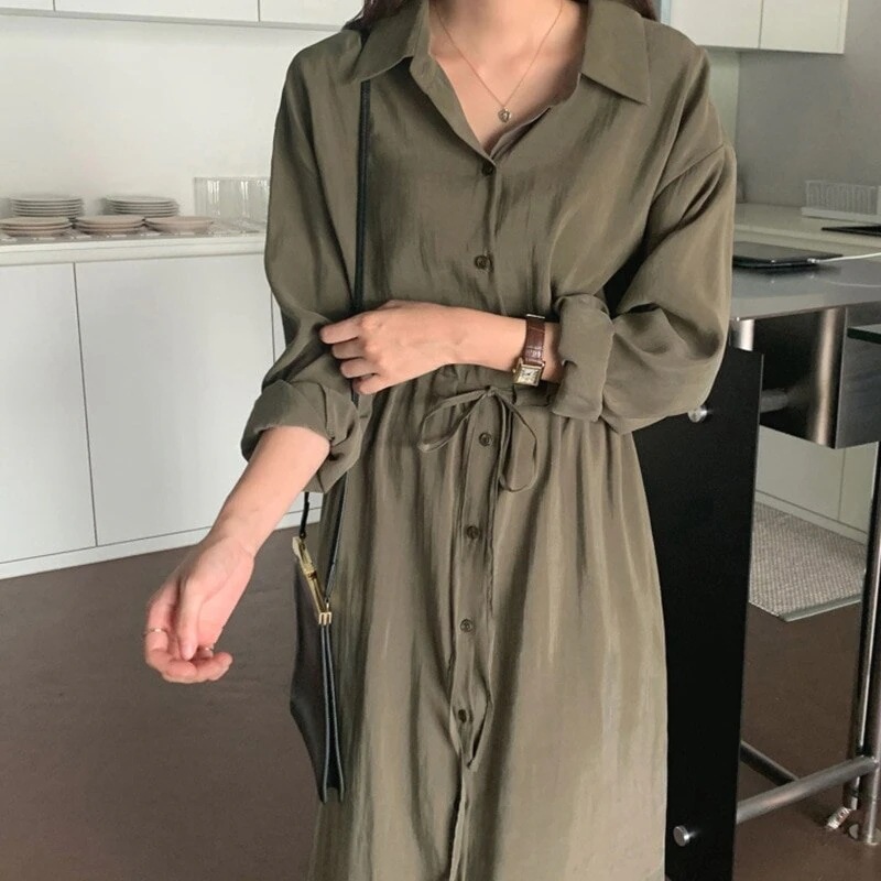 フォールドレスアーミーグリーンルーズラージサイズポロカラー長袖ネクタイウエストシャツドレスレトロロン