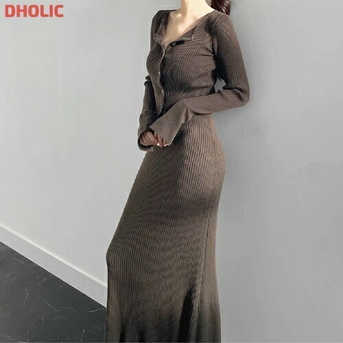 [メガ割りSALE]リブニットカーディガン&ロングニットスカートSET