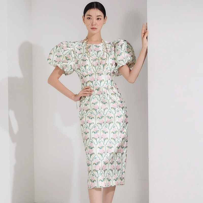 【急速出荷】ローズ パフスリーブ タイト 半袖ワンピース バラ柄　エレガント クラシカル お呼ばれ　結婚式 パーティードレス パーティーワンピ 袖付き お呼ばれワンピース ひざ丈