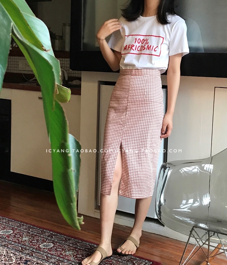 3003.ハイウエストチェック柄スカート（レッド）