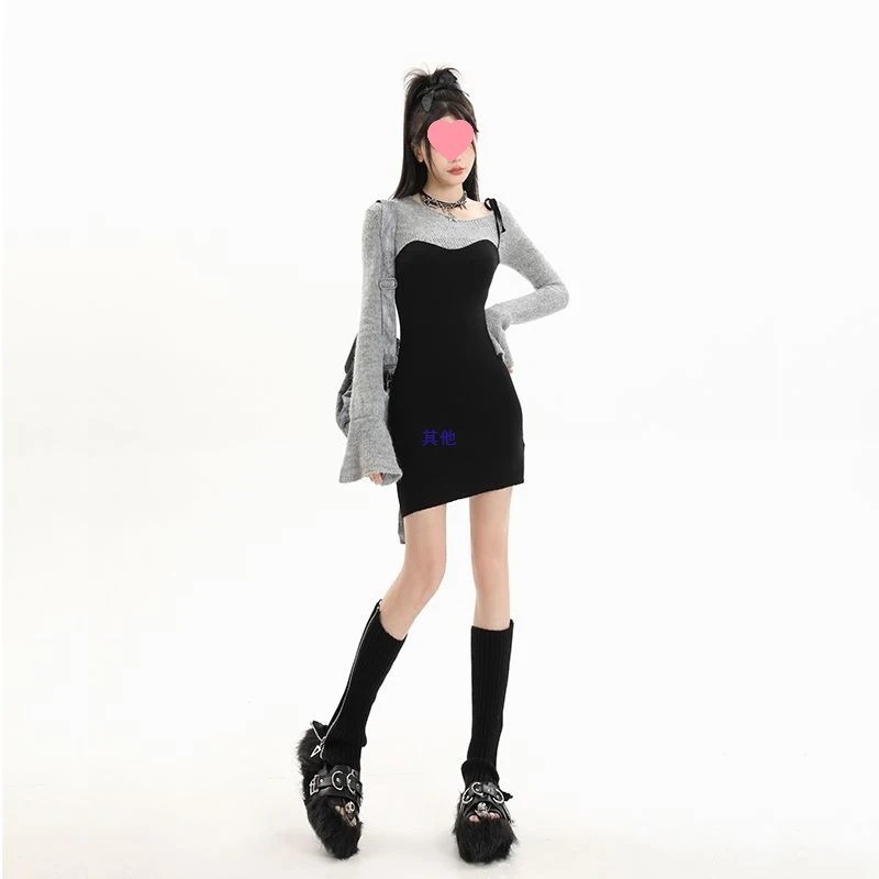 甘辛ピュアラストセーターと黒のニット長袖ヒップスカートワンショルダーサスペンダーフェイクツーピースドレス女性用
