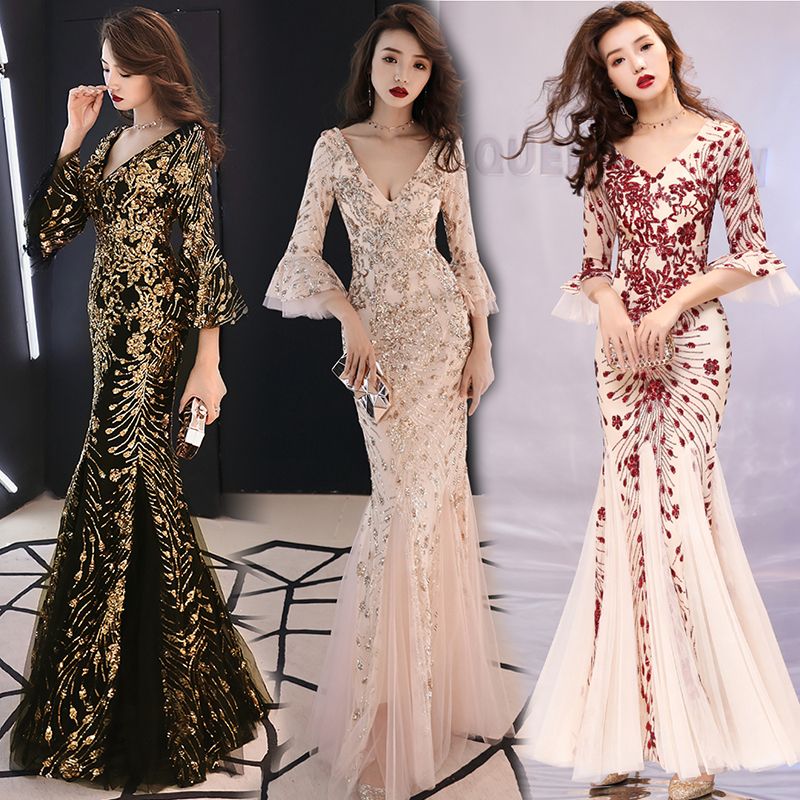 セクシーなテールバンケットイブニングドレスロングスリムフィット高貴でエレガントなプリンセススリムシャンパンカラー