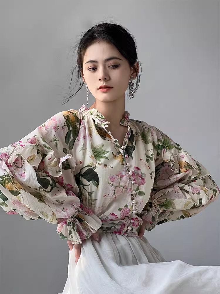 ロマンチック 花柄 トップ 女性 シルク V ネック デザイン ニッチ シャツ カジュアル オールマッチ 長袖 シャツ 個性的 トップス シャツ ブラウス 袖あり 長袖 襟付き フレア シフォン