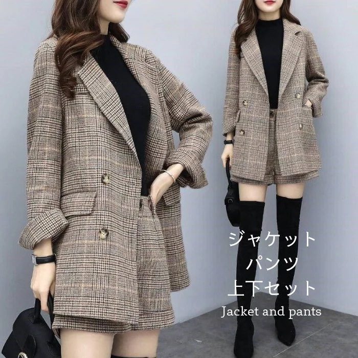 グレンチェックレディースセットアップ上下セットチェック柄テーラードジャケットショートパンツセットジャ