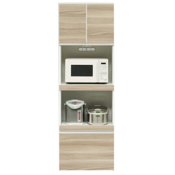 レンジ台 キッチン収納 幅60cm ブラウン 木目調 上置き 2口コンセント スライドテーブル付き 日本製 ハイレンジボード 完成品 開梱設置