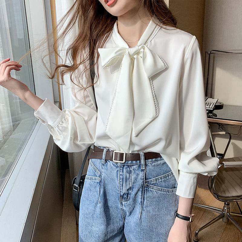 【メガ割】qoo10 ブラウス レディース 長袖ブラウス 服 オフィスブラウス リボンネック オシャレブラウス プリント