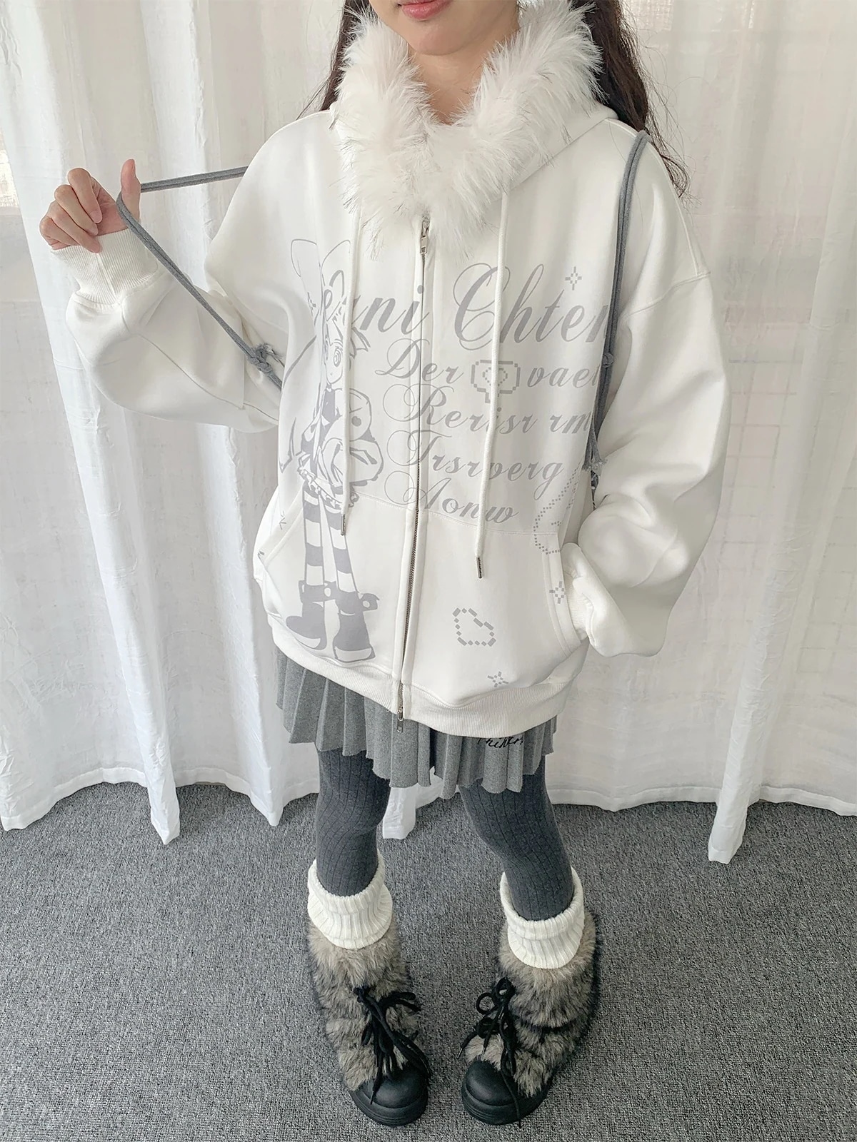 今日大特価2025 秋冬 韓国っぽ 防寒 暖かい プリント アウタートレンド かわいい レディース ブルゾンフード付きロング丈 長袖トップスカジュアルファッション系フルカラーダコーデトラックフェイク